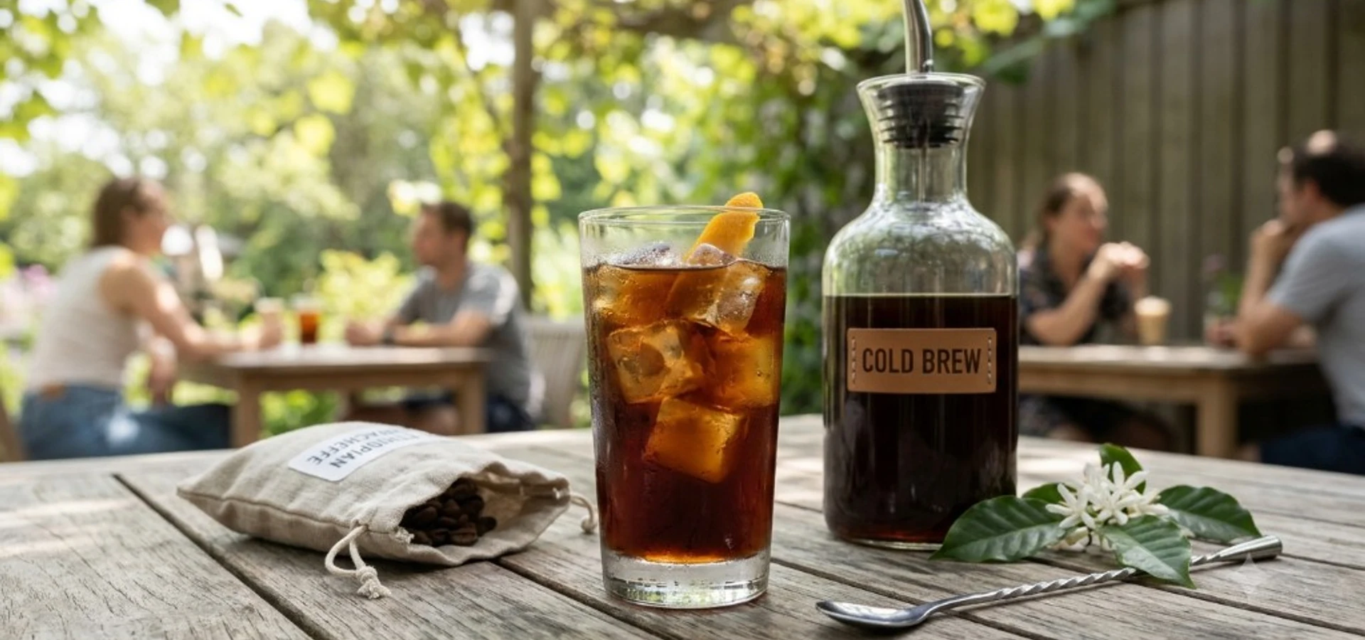 Cold Brew — лучший холодный кофе летом в стакане со льдом на фоне летнего кафе
